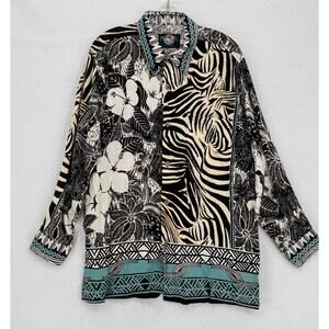 Jams World Mens Black Ivory Zebra Print Collared Long Sleeve Hawaiian Shirt Sz L